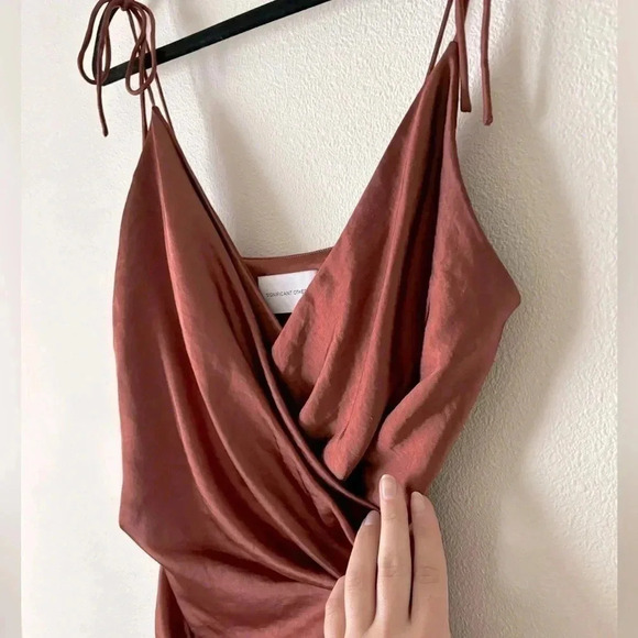 Significant Other Goldie Draped Satin Side Ruched Slip Strappy Mini Dress Bronze - Picture 6 of 10